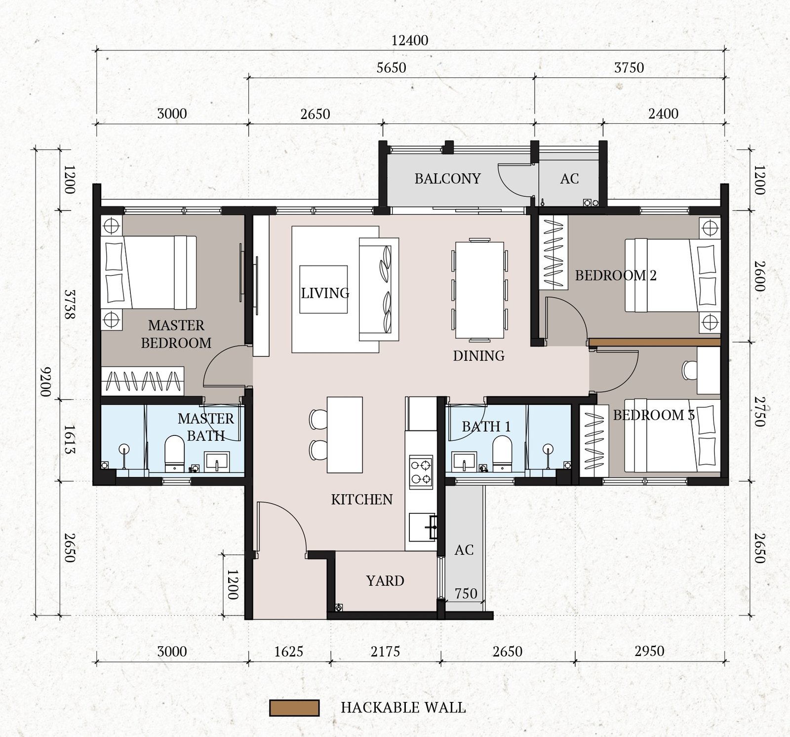 Type A 3 bedroom 893sf floor plan