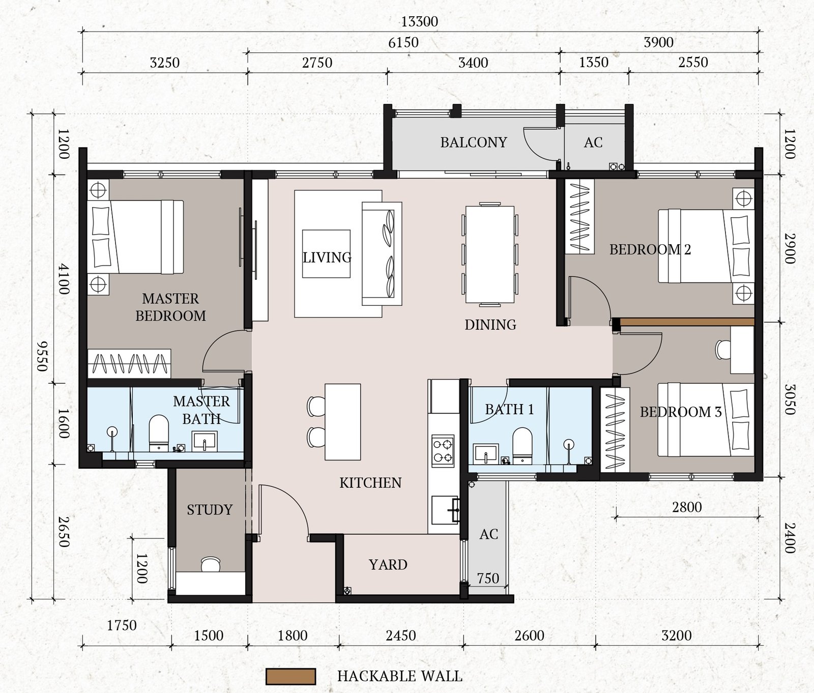 Type B 4 bedroom 1076sf floor plan
