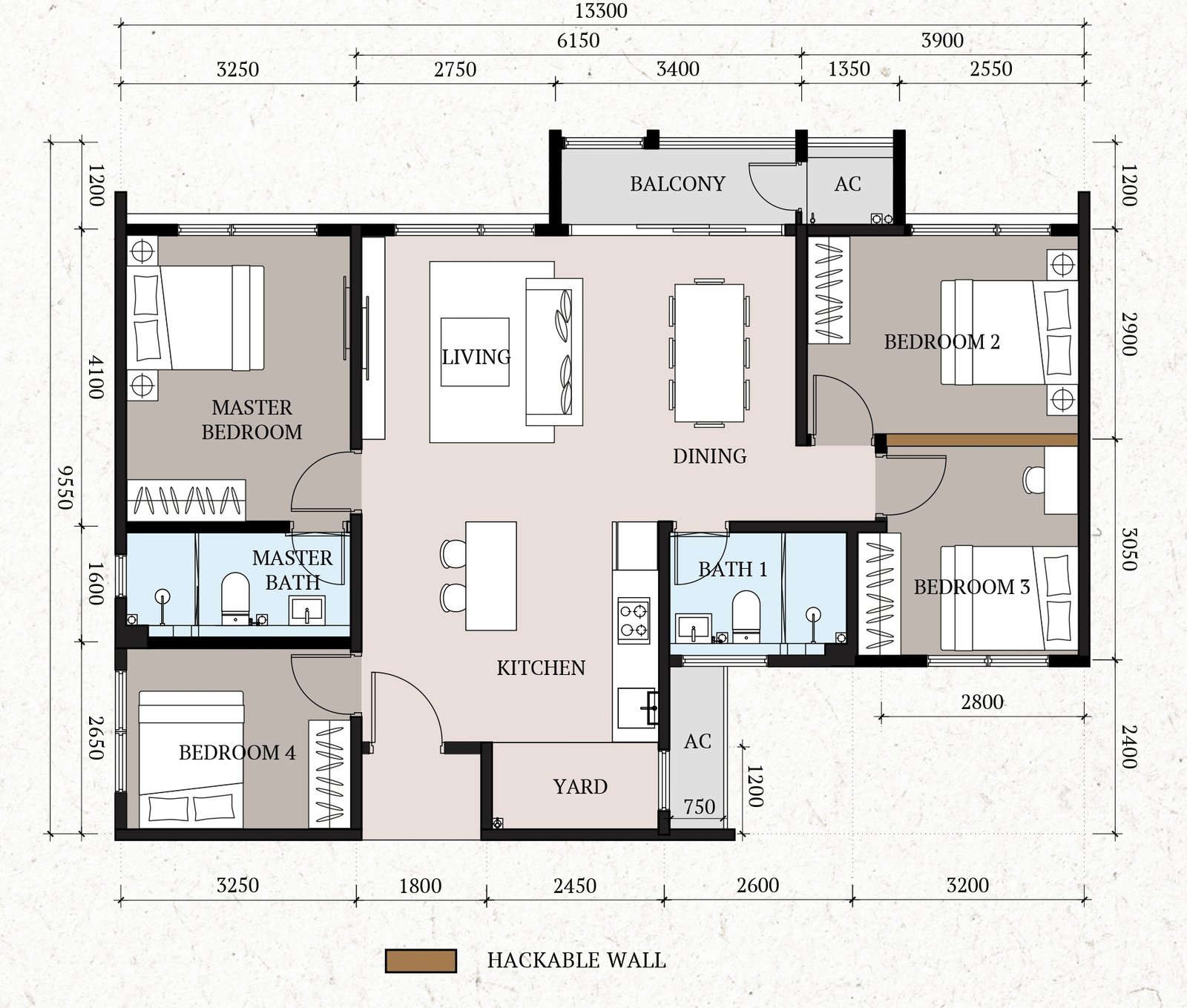Type C 4 bedroom 1130sf floor plan